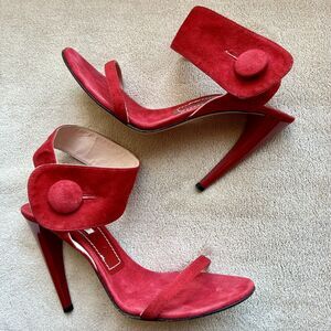 Ororo Red Suede Leather Stiletto Heeled Sandal Wide Ankle Strap EU 38 US 7.5 - 8